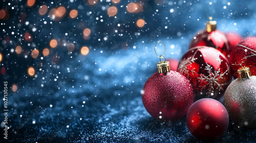 Glitter Background and Christmas Decorations with Red Christmas Ball Ornaments Glitter Background and Christmas Decorations with Red Christmas Ball Ornaments