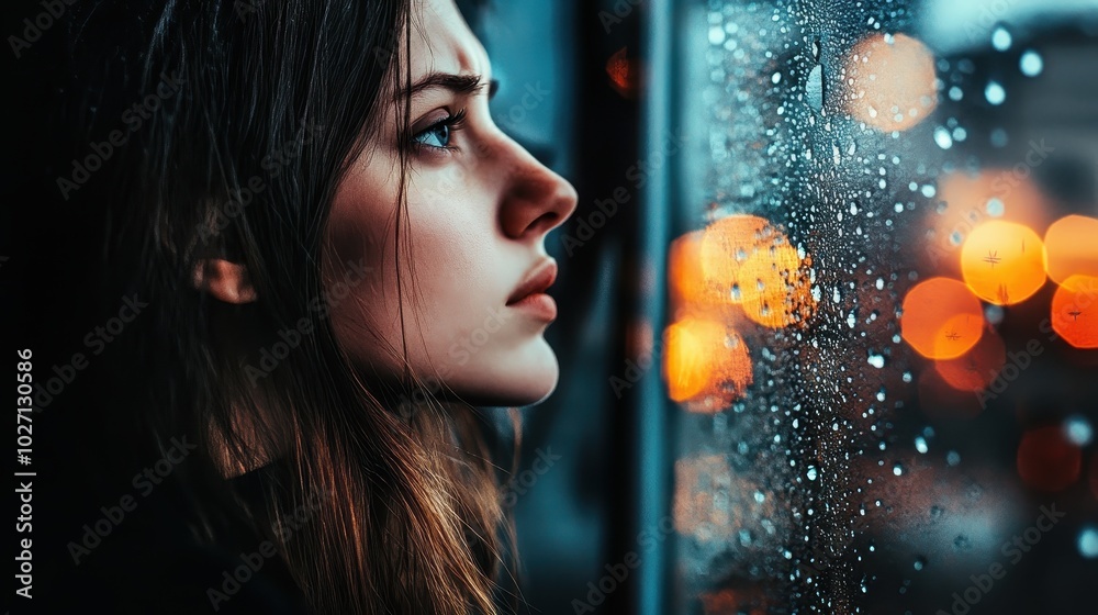 A contemplative woman gazes out a rain-speckled window, with blurred city lights softly glowing in the background. A contemplative woman gazes out a rain-speckled window, with blurred city lights softly glowing in the background.