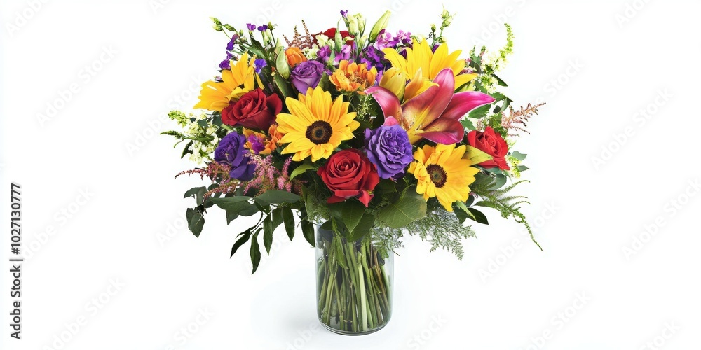 A colorful mixed flower bouquet featuring sunflowers, roses, and lilies in a tall vase, set on a white background A colorful mixed flower bouquet featuring sunflowers, roses, and lilies in a tall vase, set on a white background
