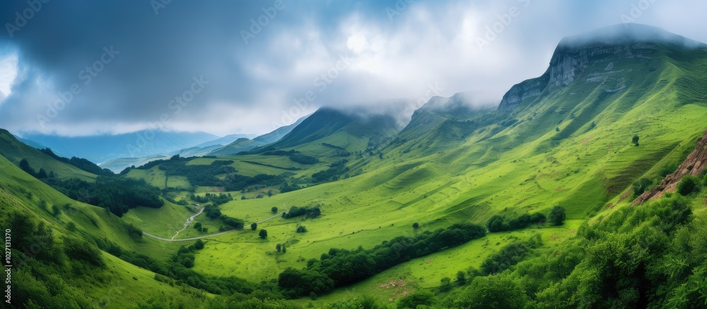 Lush Green Valley Under Cloud-Covered Peaks Lush Green Valley Under Cloud-Covered Peaks