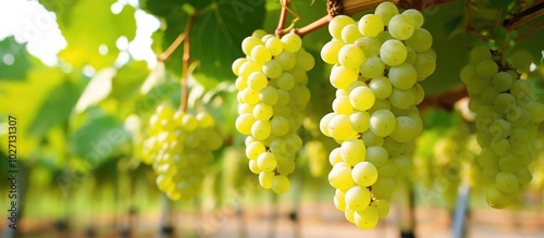 Ripe Green Grapes Hanging on Vine in Vineyard