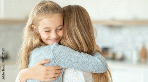 A heartwarming moment of a girl embracing her mother, showcasing love, joy, and familial connection in a cozy setting.