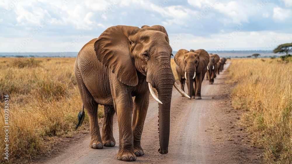 Obraz premium Group of friends enjoying a safari in Serengeti National Park, spotting wildlife like lions and elephants Serengeti, safari, wildlife travel