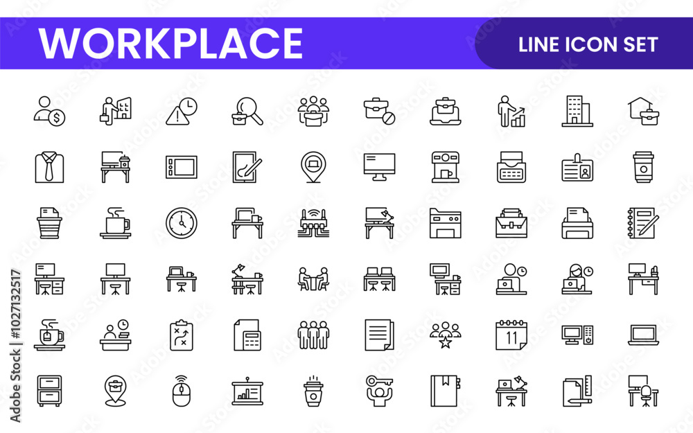 Workplace web icons in line style. Employ, conference, project, document, business, work, support, contact us, productivity strategy, collection. Workplace web icons in line style. Employ, conference, project, document, business, work, support, contact us, productivity strategy, collection.