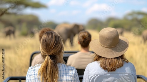 Group of friends enjoying a safari in Serengeti National Park, spotting wildlife like lions and elephants   Serengeti, safari, wildlife travel photo