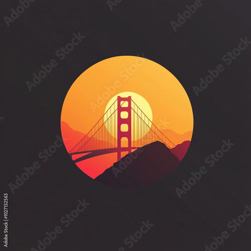 Golden Gate Bridge, San Francisco. Vector illustration of a bridge. Landscape of modern bridge. flat background. into, logo. representation of an iconic image of USA. United States