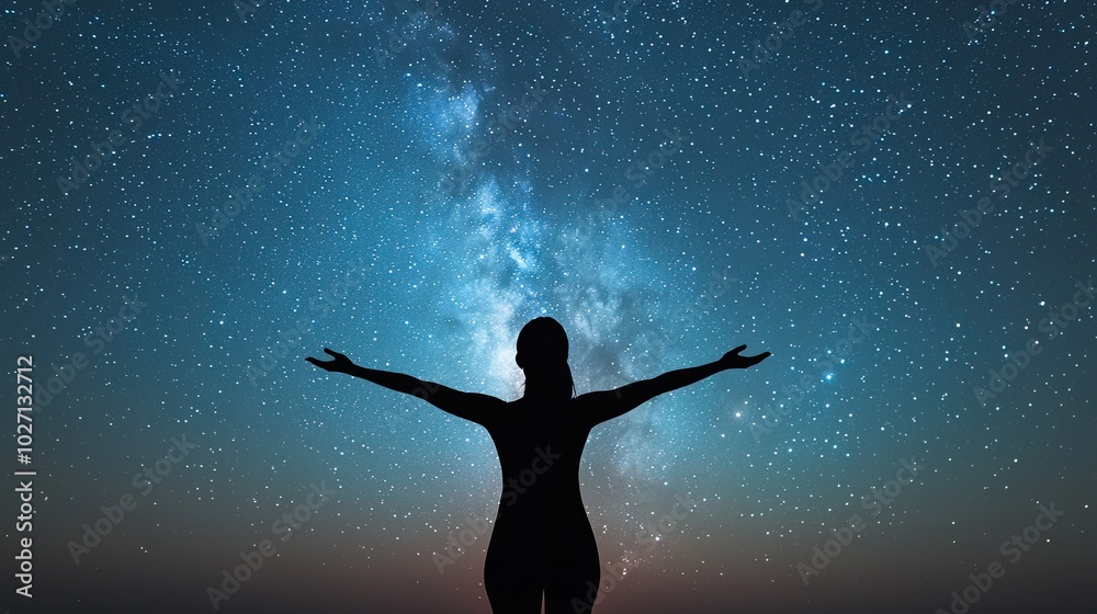 A silhouette of a person standing under a starry night sky, gazing at the Milky Way, conveying a sense of wonder and connection to the universe. A silhouette of a person standing under a starry night sky, gazing at the Milky Way, conveying a sense of wonder and connection to the universe.