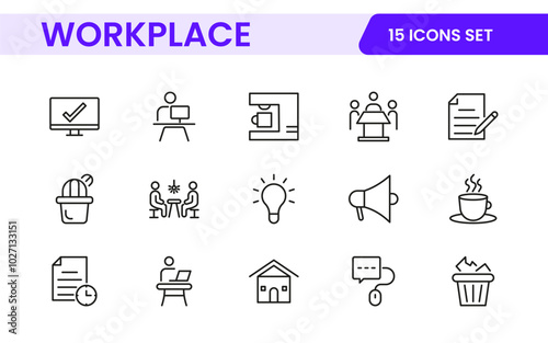 Workplace web icons in line style. Employ, conference, project, document, business, work, support, contact us, productivity strategy, collection.