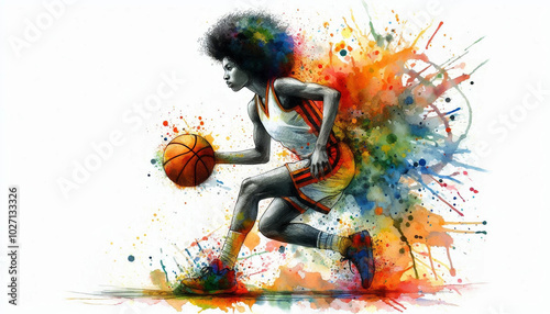 Watercolor illustration of an African American female basketball player in action during colorful paint splashes on a white background