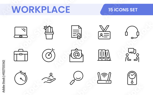 Workplace web icons in line style. Employ, conference, project, document, business, work, support, contact us, productivity strategy, collection.