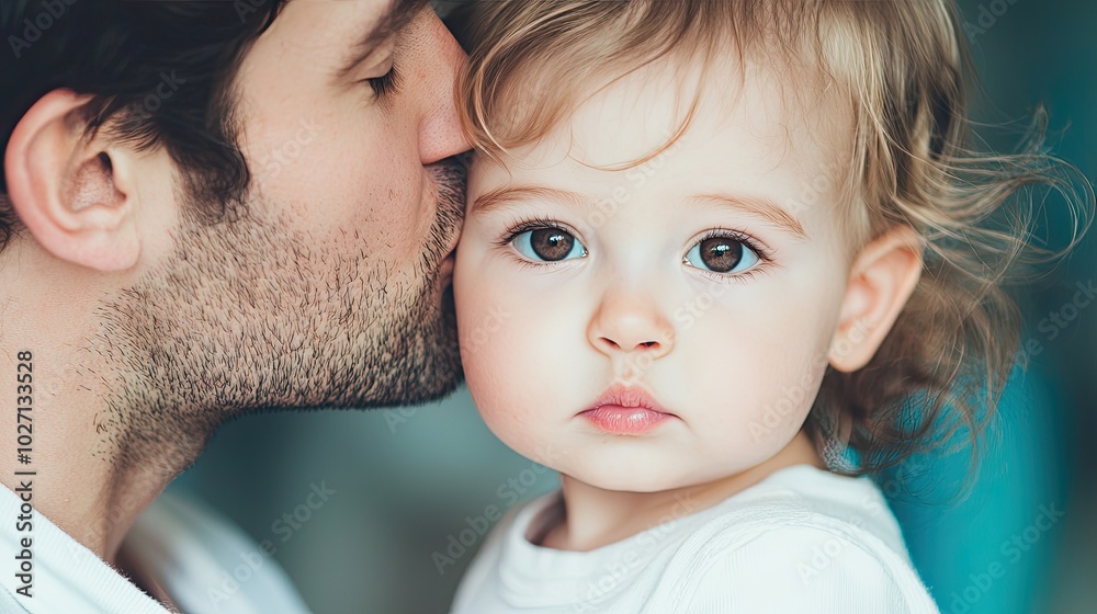 A tender moment between a father and child, capturing affection and love, with the father kissing the child's forehead. A tender moment between a father and child, capturing affection and love, with the father kissing the child's forehead.