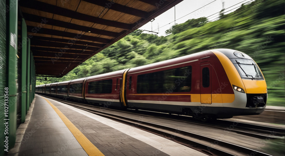 Naklejka premium High-speed train passing a station surrounded by lush green trees and a modern platform design.