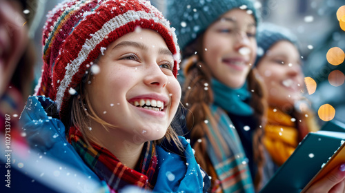 Joyful Teenagers Singing Christmas Carols in Snowy City Square