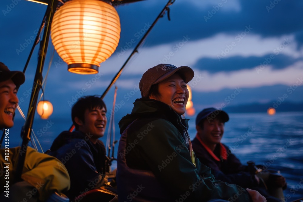 Friends enjoying nighttime boat ride with lanterns