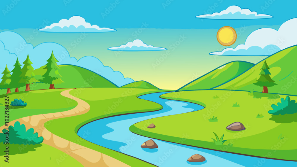 Fototapeta premium Landscape with winding river flowing between green rolling hills vector illustration
