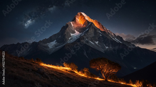 Majestic mountain peak under starlit sky during twilight, bathed in warm, glowing light at the summit.