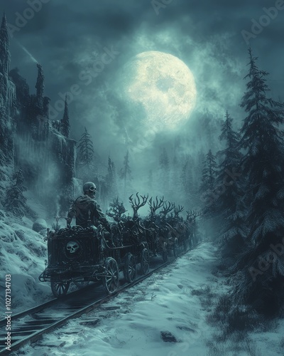 A skeletal figure drives a carriage pulled by skeletal reindeer through a snowy forest under a full moon. photo