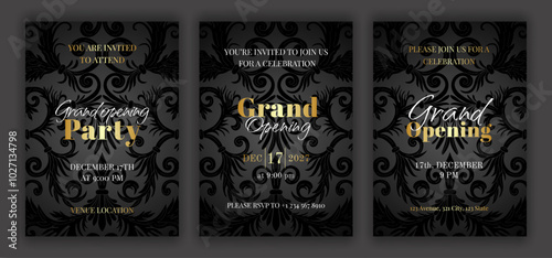 Luxury black grand opening party invitation template set with golden text. Baroque style retro ornate pattern background. EPS 10 vector illustration.
