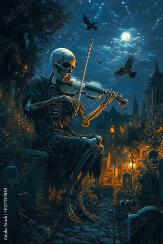 A skeletal figure plays the violin in a graveyard under a starry night.