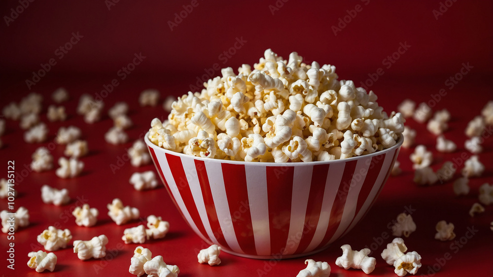 Popcorn in a red-striped bowl on a red background, scattered with extra popcorn pieces around it. Popcorn in a red-striped bowl on a red background, scattered with extra popcorn pieces around it.