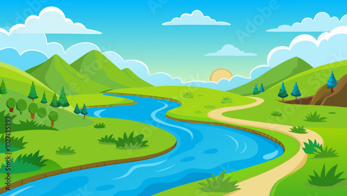 Landscape with winding river flowing between green rolling hills vector illustration 