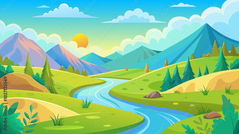 Fototapeta premium Landscape with winding river flowing between green rolling hills vector illustration 