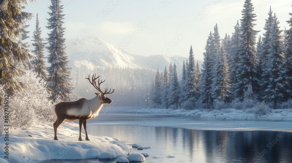 A reindeer by a frozen lake in a snow-covered forest, showcasing the serene beauty of nature during winter. A reindeer by a frozen lake in a snow-covered forest, showcasing the serene beauty of nature during winter.