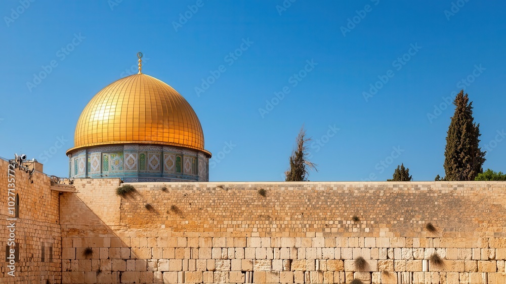 Naklejka premium Tourist walking through the ancient streets of Jerusalem, visiting sacred sites like the Western Wall and Dome of the Rock Jerusalem, sacred sites, religious travel