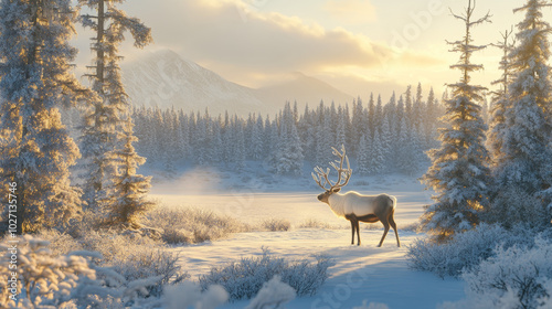 A majestic reindeer standing in a snowy forest clearing, with golden sunlight illuminating the winter landscape.
