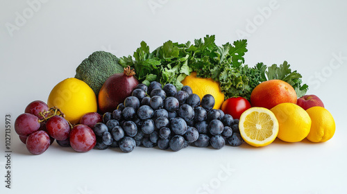 A variety of fresh fruits and vegetables, including blueberries, kale, and lemons, representing health and nutrition.