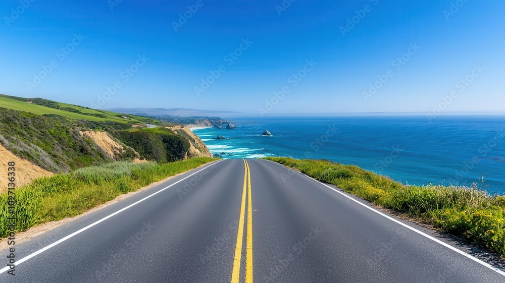 Fototapeta premium Traveler enjoying a scenic drive along the Pacific Coast Highway in California, with dramatic ocean views Pacific Coast Highway, scenic drive, California travel
