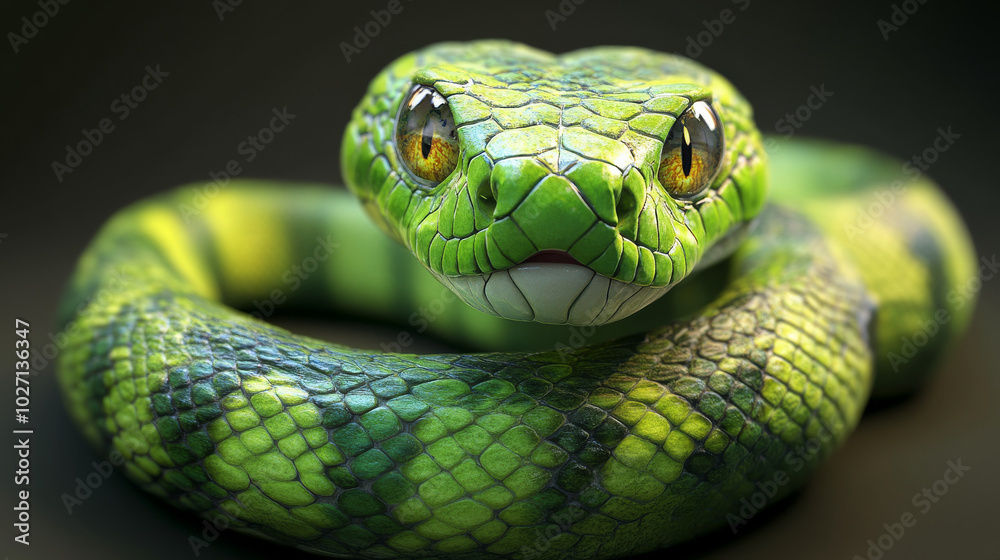 A green snake coiled in a calm, defensive posture with vibrant yellow eyes, creating an intense and dramatic visual of nature and wildlife. A green snake coiled in a calm, defensive posture with vibrant yellow eyes, creating an intense and dramatic visual of nature and wildlife.