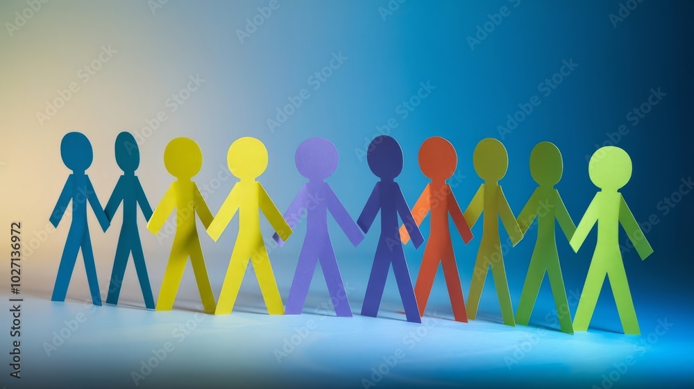 Colored paper cut-outs of people holding hands represent the concept of unity and cooperation. Colored paper cut-outs of people holding hands represent the concept of unity and cooperation.