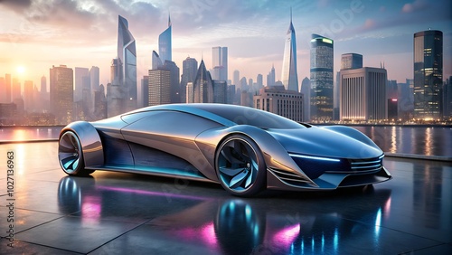 design of futuristic a car with light cityscape