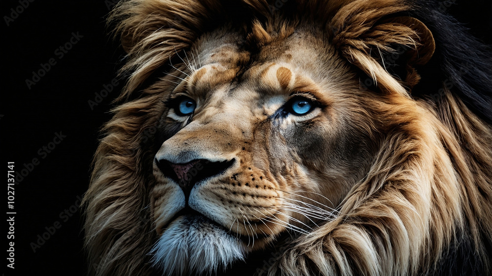 Naklejka premium Majestic lion with piercing blue eyes against a dark background, embodying strength and elegance.