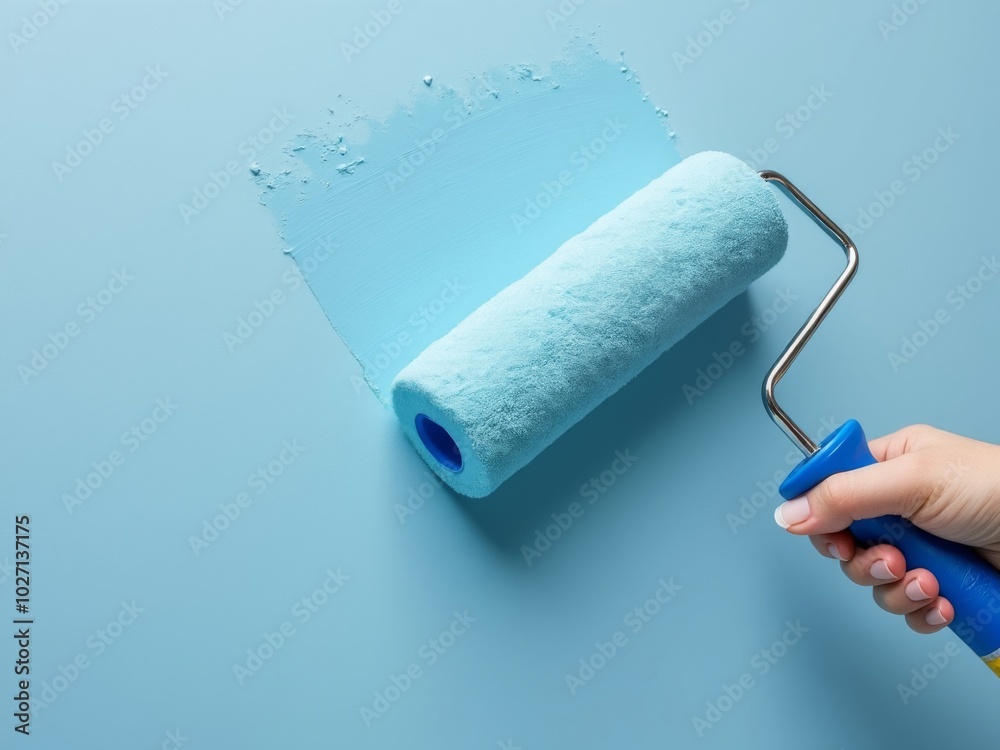 Obraz premium Hand holding a paint roller applying light blue paint on a smooth wall, representing home renovation and DIY interior decoration