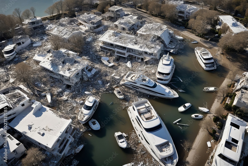 An aerial view of the damage from the hurricane as it passed through a yacht harbor. An aerial view of the damage from the hurricane as it passed through a yacht harbor.