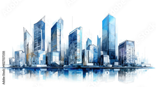 Modern Watercolor Skyline Reflection on Water