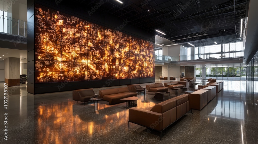 Modern Office Lobby with Vibrant Art Installation Modern Office Lobby with Vibrant Art Installation