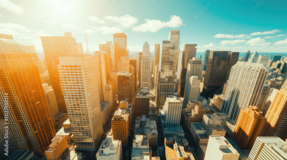 Bustling Cityscape Under Bright Sunny Skies