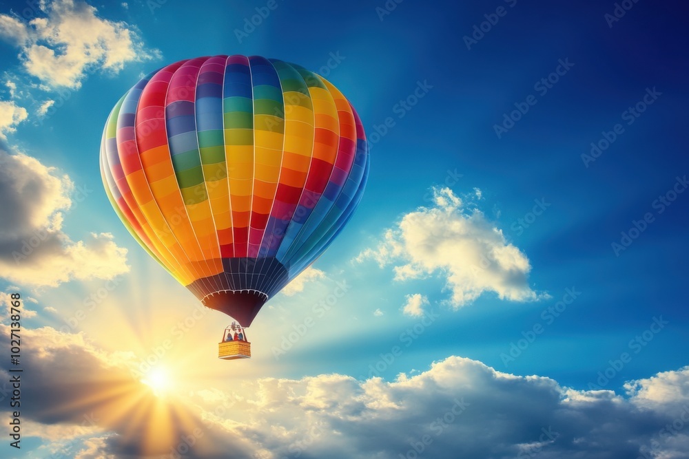 Fototapeta premium A single hot air balloon in vibrant rainbow colors drifting through a cloudy blue sky, with the sun peeking through the clouds, casting soft light 