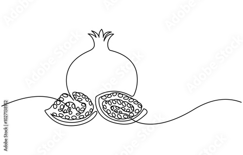 Pomegranate in Continuous single one line drawing. One line drawing of fruit. Happy Shana Tova Fruit contour with editable stroke. Continuous linear drawing of pomegranate. One line drawing garnet