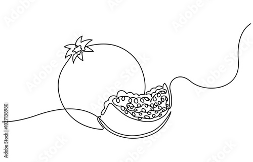 Pomegranate in Continuous single one line drawing. One line drawing of fruit. Happy Shana Tova Fruit contour with editable stroke. Continuous linear drawing of pomegranate. One line drawing garnet