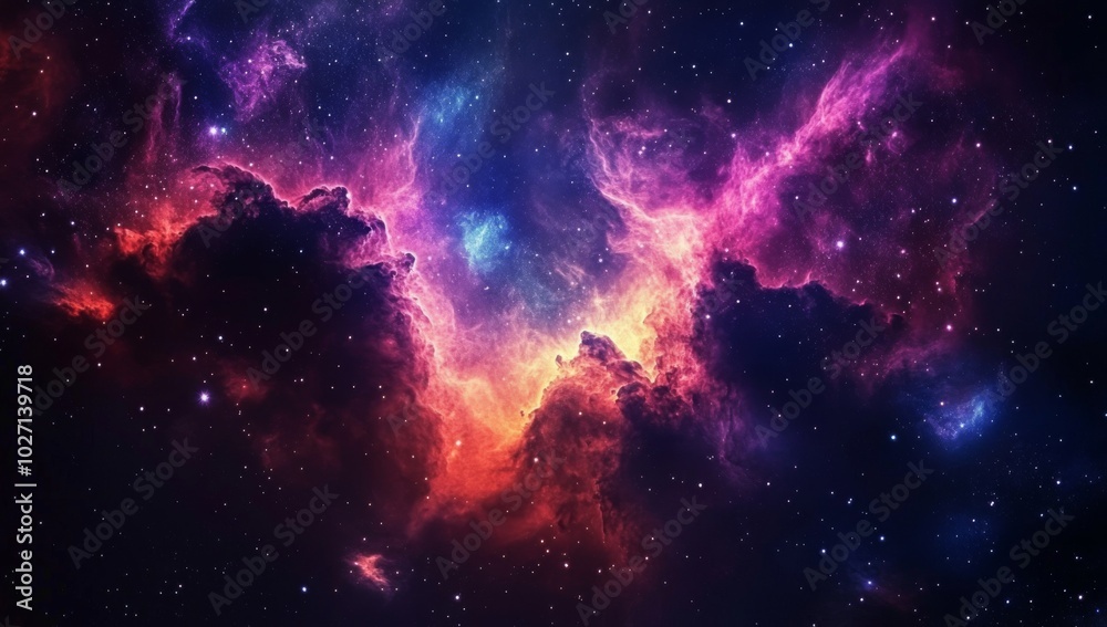 A vibrant nebula with swirling clouds of red, orange, blue and purple gas, scattered with countless stars in a dark space. A vibrant nebula with swirling clouds of red, orange, blue and purple gas, scattered with countless stars in a dark space.