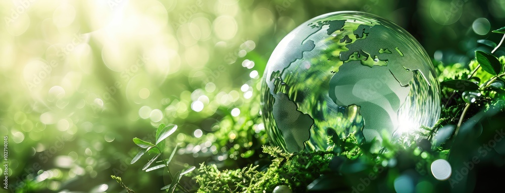 Glass Globe Among Green Foliage with Sunlight Glass Globe Among Green Foliage with Sunlight