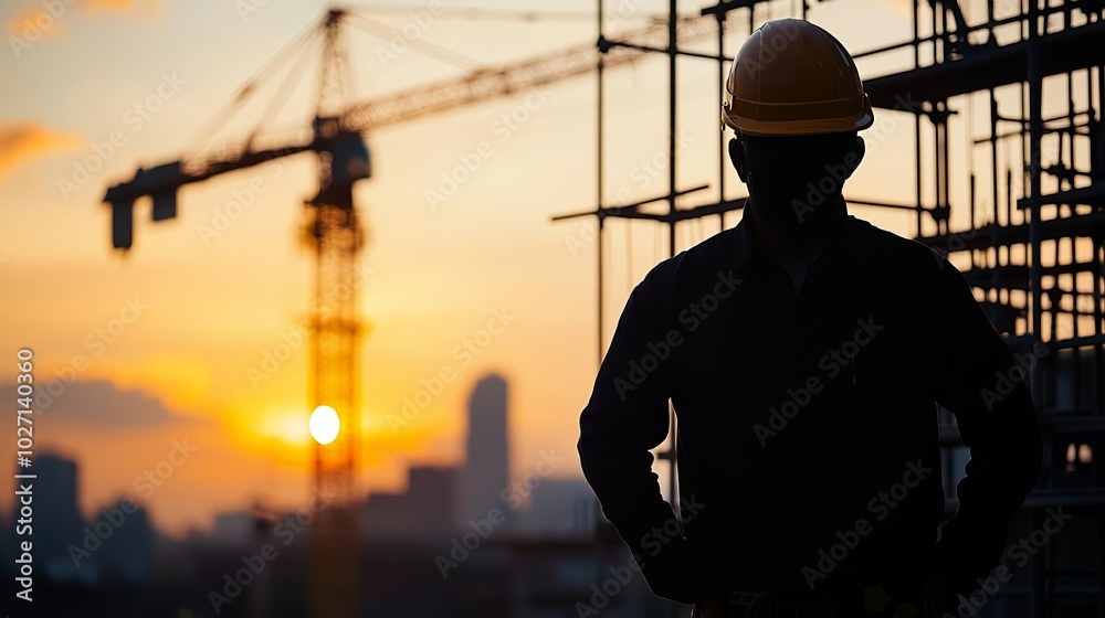 Silhouette of a man on a construction site at dusk, industrial scaffolding and crane, professional builder and foreman, sunset sky, urban development Silhouette of a man on a construction site at dusk, industrial scaffolding and crane, professional builder and foreman, sunset sky, urban development