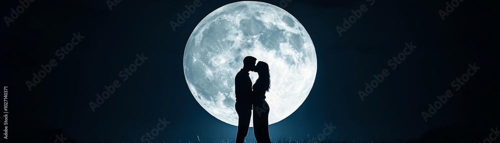Silhouette of couple sharing a kiss beneath a giant moon, night sky romance, magical love scene, moonlit wedding or engagement atmosphere Silhouette of couple sharing a kiss beneath a giant moon, night sky romance, magical love scene, moonlit wedding or engagement atmosphere