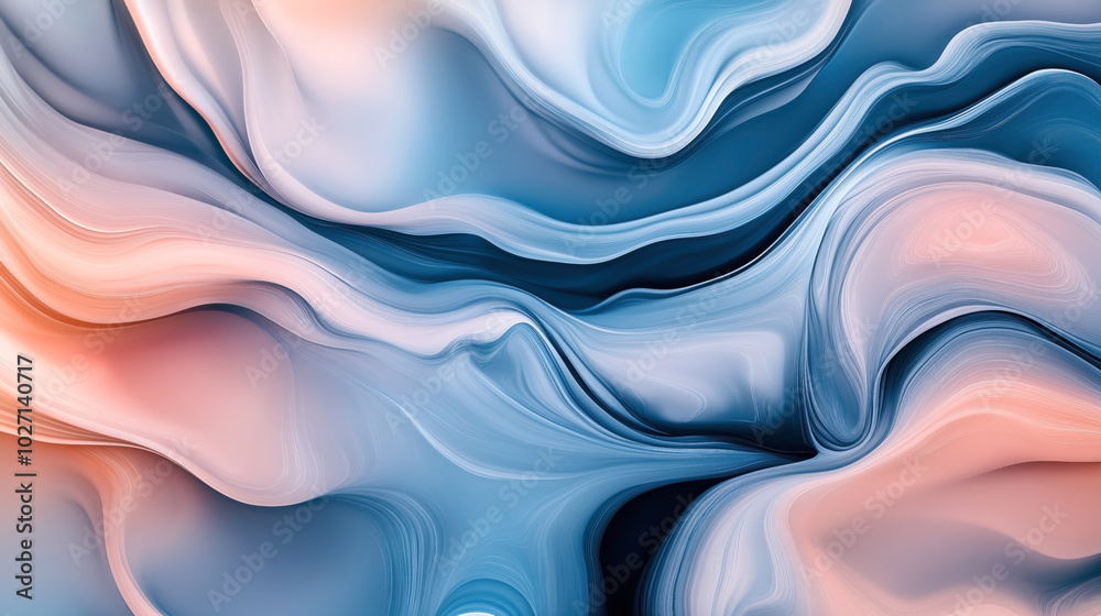 Fototapeta premium Abstract fluid art with smooth flowing patterns in shades of blue and peach creating a calming and organic appearance.