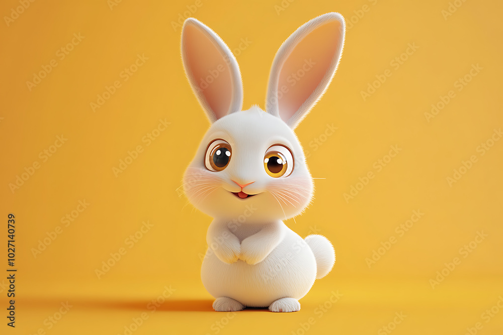 A cute, cartoon-style white rabbit with big eyes, set against a bright yellow background. A cute, cartoon-style white rabbit with big eyes, set against a bright yellow background.