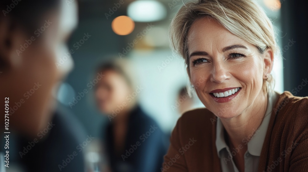 A woman with a smile on her face is sitting at a table with other people A woman with a smile on her face is sitting at a table with other people